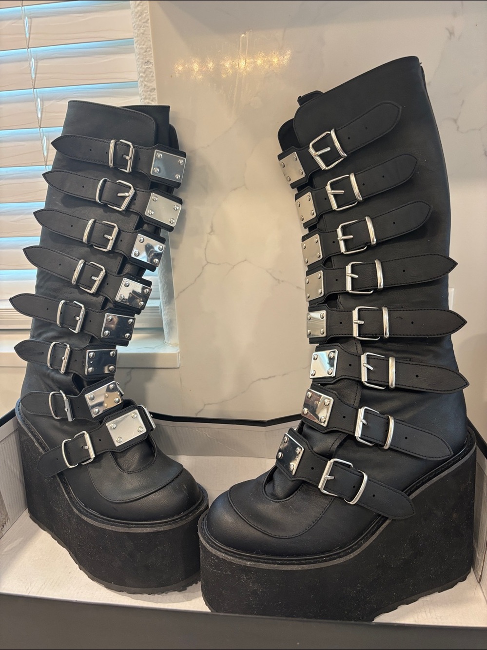 Demonia Swing 815 Black Buckle Platform Knee-High Boots